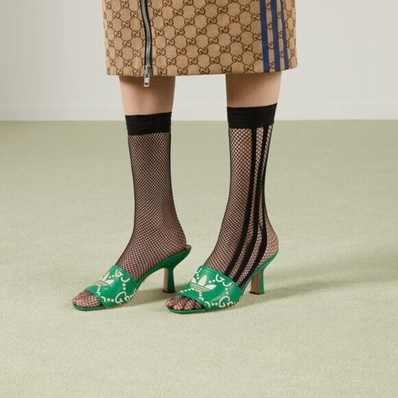NEW GUCCI x ADIDAS GG Trefoil Logo Green Leather Heel Sandal Pump EU 39.5 US 9.5 - Picture 4 of 11